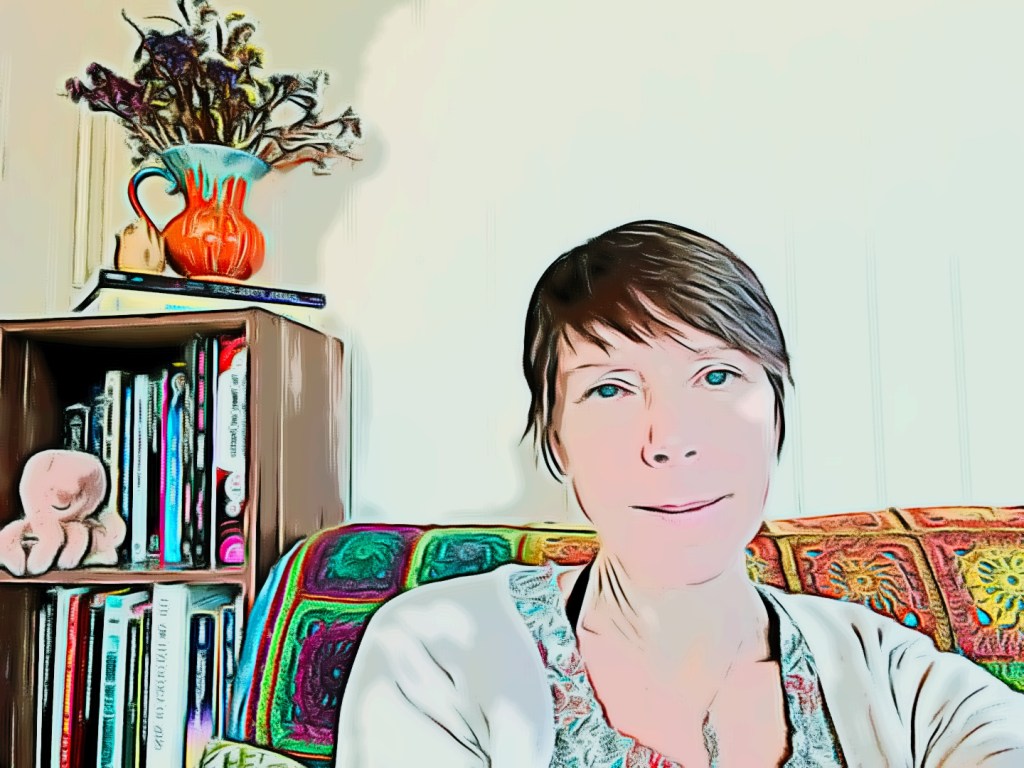 cartoon style image of a Helen sitting in a counselling room